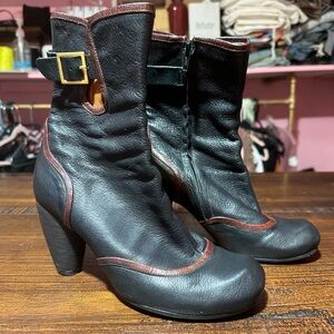 Chie Mihara Women’s Black Leather Ankle Boots with Brown Trim and Buckle